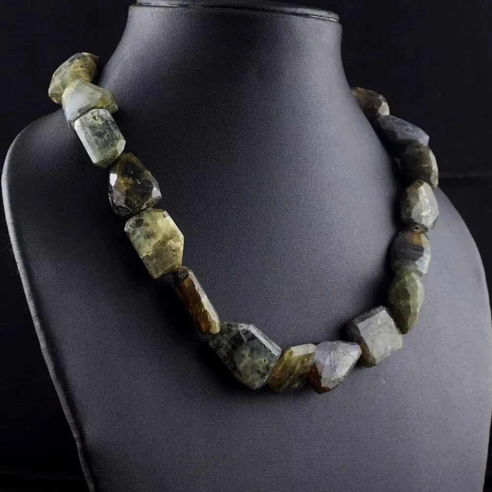 Faceted Agate Prehnite 734 Cts Beaded Natural Gemstone Necklace Unisex Crystal